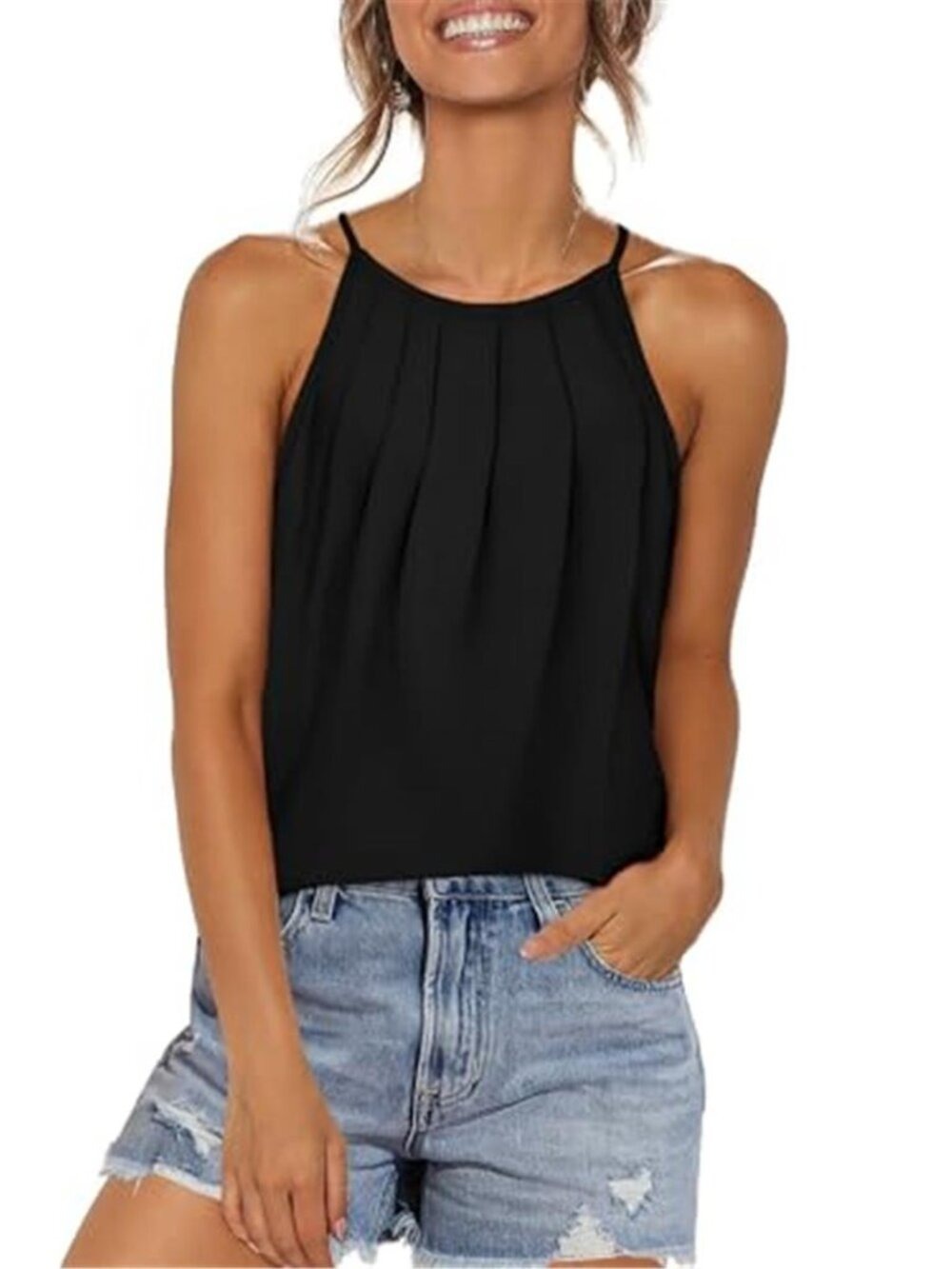 Pleated Black Tank Tops Spaghetti Strap Camisole Halter Tops Curved Hem